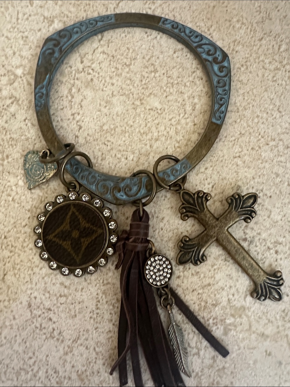 Keep it Gypsy Turquoise Bronze Cross Charm Bracelet with Leather Tassle